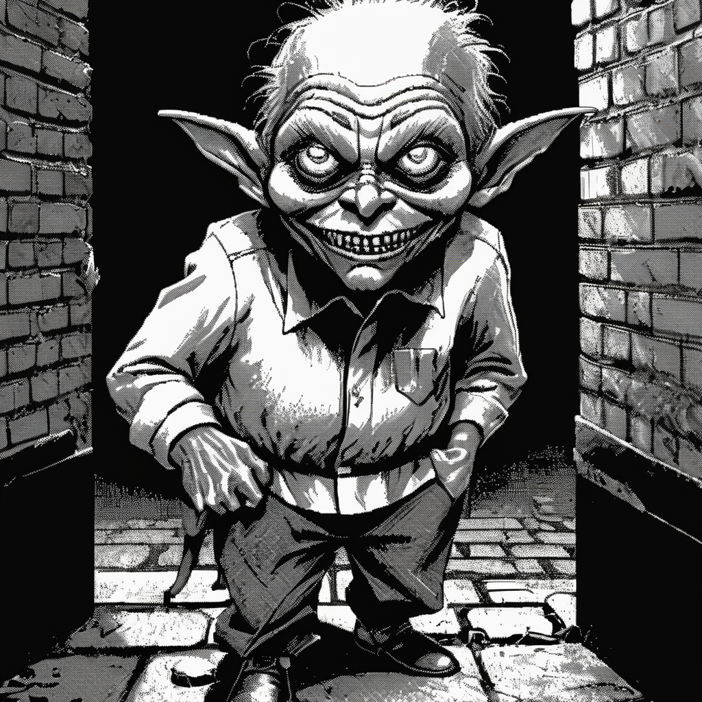 02911-3491088682-_lora_Macpaint-XL-000015_1_, Macpaint, a black and white pixel image of a creepy goblin up to no good in a dark alley with brick.png